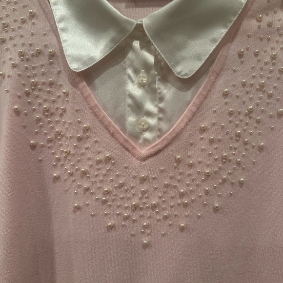 Quacker Factory Pink Sweater White Satin Collar Embellished Pearls Event Sz 1X - Picture 6 of 11